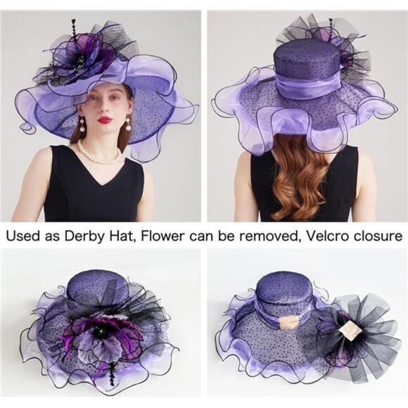 Women Organza Church Tea Party Hats Floral Purple main image 5